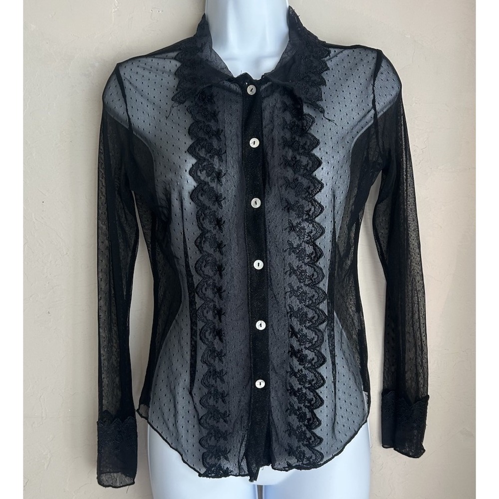 Y2K Caia Sheer Mesh Button Up Top Lace Ruffle Gothic Fairy Grunge Whimsigoth S